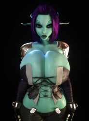 1girls 3d 3d_(artwork) barely_clothed blue_skin breasts_bigger_than_head choker cleavage clothed clothed_female female female_only female_solo gigantic_breasts gloves heterochromia hourglass_figure huge_breasts long_ears long_pointy_ears looking_at_viewer pointy_ears purple_hair small_waist solo solo_female soria thin_waist vaako wasp_waist wide_hips