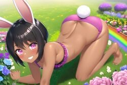 1boy ai_generated all_fours ass ass_focus big_ass big_butt black_hair bunny_ears bunny_tail butt crop_top femboy flower garden girly looking_at_viwer looking_back novelai panties pink_eyes presenting_hindquarters rabbit_ears rabbit_tail rainbow rear_view short_hair smile smiling smiling_at_viewer