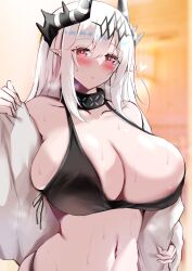 1girls 2023 arknights bare_shoulders blush bra breasts choker collarbone heart hi_res horns kokihanada large_breasts light-skinned_female light_skin looking_at_viewer mudrock_(arknights) navel red_eyes solo sweat sweating upper_body white_hair