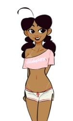 1girls black_female black_hair crop_top dark-skinned_female dark_skin disney disney_channel female female_only hands_behind_back penny_proud shirt_slip short_shorts solo tagme tanline tanlines the_proud_family vuduplex white_background white_shorts