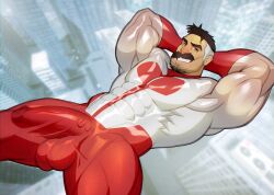 balls bara big_balls big_penis boner bulge costume erection facial_hair hands_behind_head invincible male male_only moustache muscles muscular nolan_grayson omni-man penis penis_under_clothes skayous solo solo_male