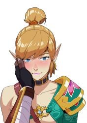 1boy blonde_hair blue_eyes breath_of_the_wild earring femboy feminine_male gerudo_link girly hand_on_cheek hoop_earring link link_(breath_of_the_wild) male male_focus male_only otoko_no_ko otokonoko passionate pointy_ears pov romantic tekuho the_legend_of_zelda tomgirl trap white_background