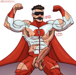 armpit_hair ball_gag balls bara big_penis blindfold boner costume erection facial_hair flexing invincible male male_only moustache muscles muscular nolan_grayson omni-man penis ripped_clothing solo solo_male wererdraws