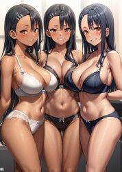 3girls ai_generated big_breasts black_hair breasts brown_eyes cellss6 clone clones clothed clothing female female_only hayase_nagatoro hi_res highres human long_hair looking_at_viewer multiple_girls partially_clothed please_don't_bully_me,_nagatoro revealing_clothes selfcest simple_background smile tan tan-skinned_female tan_body tan_skin tanned tanned_female triplets underwear