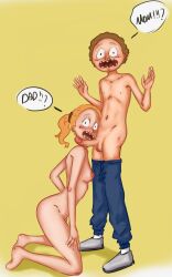 1boy 1girls blush brother brother_and_sister busted female front_view incest male morty_smith orange_hair penis ponytail rick_and_morty rolbico scared summer_smith text young younger_brother