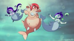 3_mermaids absurd_res big_belly big_breasts big_girl cleavage dolphin dolphin_tail fat_girl fish_tail hourglass_figure huge_belly huge_breasts hyperflannel massive_belly mermaid mermaid_tail midriff oc original_character png pufferfish seashell_bikini seashell_bikini_top seashell_bra shell_bra underboob underwater