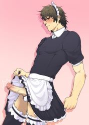 aragaki_shinjirou commission embarrassed erect_penis lifting_skirt maid_outfit male_focus male_only mxntylewds persona persona_3 solo_male