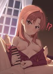 !? 1futa 1girls absurdres bar_censor breasts brown_eyes brown_hair caressing_testicles censored clothed clothing dialogue english_commentary erection female female_focus frip futa_with_female futanari hair_down handjob highres human indoors light-skinned_female light-skinned_futanari light_skin long_hair looking_at_viewer misaka_mikoto multiple_girls navel nipples nude off_shoulder on_back partially_clothed penis pink_shirt pov shirai_kuroko shirt sleepwear sleepy_frippy small_breasts teenage_futa teenage_girl teenager teenager_on_teenager testicles text to_aru_kagaku_no_railgun to_aru_majutsu_no_index topless window young