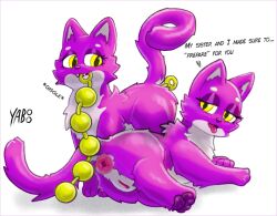 anal_beads anus countershading dialogue domestic_cat duo felid feline felis female female/female feral fur gaping gaping_anus genitals hi_res incest lying mammal on_side pawpads paws presenting presenting_anus presenting_pussy purple_body purple_fur pussy sex_toy sibling standing talking_to_viewer twins yaboo