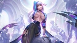 1girls breasts_out evelynn exposed_breasts female garter_straps k/da_all_out_evelynn k/da_all_out_series league_of_legends long_hair no_bra nude_edit nude_female nude_filter open_jacket quwwing skirt solo_female thighhighs