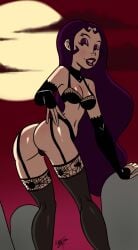 1girls aeolus06 bra downtown female full_moon garter_straps goth goth_girl graveyard lingerie lingerie_only night no_panties outdoors purple_hair serena_(downtown) solo thighhighs tombstone