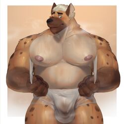 anthro balls_outline barazoku blonde_hair blush brown_body brown_fur bulge clothing clothing_pull detailed_bulge elijah_(charlessush) front_view fur genital_outline hair hi_res huge_pecs huzzhuz hyena male mammal musclegut muscular muscular_anthro muscular_male musk musk_clouds musky_cock nipples penis_outline portrait solo spotted_hyena sweaty_pecs three-quarter_portrait translucent translucent_clothing