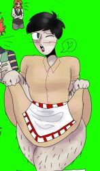 1male 60_seconds! big_hips big_thighs black_hair dolores_(60_seconds) fat_hips fat_man fat_thighs femboy green_background green_eyes hips male male_only red_lips ring short_hair ted_(60_seconds) thighs yellow_dress