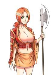 1girls alternate_costume big_breasts cape cleavage country_inc_(yuric_inc) exposed_midriff female_only ginger green_eyes halberd holding_polearm holding_weapon huge_breasts ireland_(yuric_inc) large_breasts light-skinned_female light_skin loincloth medium_hair midriff orange_hair polearm red_hair skirt smile solo thin_waist tied_hair top_heavy weapon white_background wide_hips wide_sleeves yuric_inc