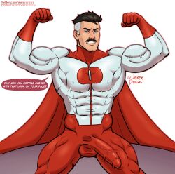 balls bara boner costume english_text erection erection_under_clothes facial_hair flexing invincible male male_only moustache muscles muscular nolan_grayson omni-man penis solo solo_male speech_bubble talking_to_viewer wererdraws