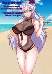 1girls aje angry azur_lane beach big_breasts edit female flower_in_hair graf_zeppelin_(azur_lane) graf_zeppelin_(beachside_urd)_(azur_lane) huge_breasts long_hair looking_at_viewer mature_female mature_woman middle_finger milf red_eyes revealing_swimsuit swimsuit text white_hair