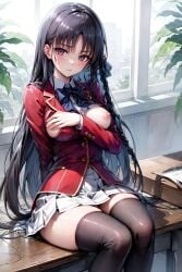 ai_generated black_hair blush classroom_of_the_elite embarrassed horikita_suzune red_eyes shy stable_diffusion student youkoso_jitsuryoku_shijou_shugi_no_kyoushitsu_e