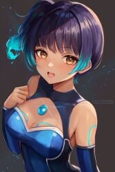 1girl 1girls alternate_costume bare_shoulders black_and_blue_hair black_blue_hair blue_and_black_hair blue_black_hair blue_swimsuit boob_window breasts brown_eyes cleavage core_crystal eyes female female_only fiery_hair hair hand_on_chest hand_on_own_chest highres leonmandala looking_at_viewer monolith_soft nintendo non-nude official_alternate_costume one-piece_swimsuit open_mouth petite ponytail sena_(xenoblade) short_hair side_ponytail slight_blush slight_smile smile solo solo_focus sparks swimsuit tan tan_body tan_skin tanned tanned_female tanned_girl tanned_skin xenoblade_(series) xenoblade_chronicles_3