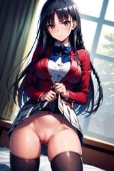 ai_generated black_hair blush censored classroom_of_the_elite embarrassed horikita_suzune red_eyes shy stable_diffusion student youkoso_jitsuryoku_shijou_shugi_no_kyoushitsu_e