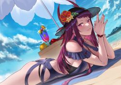 1girls absurdres alternate_costume ass bare_arms bare_thighs beach beach_umbrella big_ass blue_one-piece_swimsuit blue_swimsuit breast_press breasts commission deras drink female female_only fire_emblem fire_emblem_engage fire_emblem_heroes flower frills from_side hat hat_flower highres ivy_(fire_emblem) ivy_(summer)_(fire_emblem) large_breasts long_hair looking_at_viewer lying nail_polish nintendo non-web_source ocean official_alternate_costume on_stomach one-piece_swimsuit outdoors own_hands_together pink_eyes pink_nails purple_hair see-through solo sun_hat swimsuit the_pose thighs towel umbrella