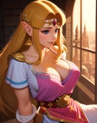 1girls a_link_between_worlds ai_generated cleavage detailed detailed_background dress dynamic_lighting gold_jewelry human princess_zelda sitting stable_diffusion the_legend_of_zelda window zelda_(a_link_between_worlds)