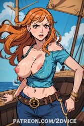 2dvice ai_generated anime_style areolae big_breasts big_nipples brown_eyes cleavage exhibitionism exposed_breasts fanart female female_only ginger hentai looking_at_viewer nami nami_(one_piece) one_piece orange_hair pirate post-timeskip red_hair ripped_clothing serious serious_look showing_breasts stable_diffusion sweat uniform