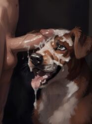 absurd_res ai_generated ambiguous_gender balls black_nose bodily_fluids breath brown_body brown_fur canid canine canis cum cum_covered cum_drip cum_in_mouth cum_inside cum_on_face cum_on_penis cum_on_tongue domestic_dog dripping duo excessive_cum excessive_genital_fluids fellatio fellatio_from_feral feral floppy_ears fur genital_fluids genitals hi_res human human_on_feral interspecies male male/ambiguous male_on_feral mammal messy open_mouth oral penile penis sex shuffur smile steam tongue tongue_out white_body white_fur zoophilia