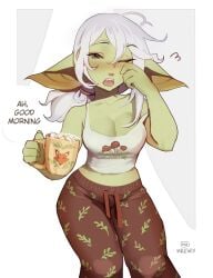 1girls absurd_res blush cup dialogue english_text female female_only goblin goblin_female gobtober gobtober_2023 good_morning green_skin holding_cup long_hair looking_at_viewer maewix1 one_eye_closed pajamas pointy_ears red_eyes rubbing_eye sleepy solo text white_hair