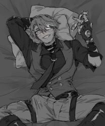 blush_lines boots clothed clothes cosplay erection_under_clothes fully_clothed glasses handcuffs hard_on honkai:_star_rail honkai_(series) in_bed leg_strap looking_at_viewer on_back pillows smirk smirking smirking_at_viewer tie vest welt_yang_(honkai:_star_rail)