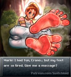 1girls blonde_hair blue_eyes chrono_trigger feet female female_focus female_only foot_fetish foot_focus marle marle_(chrono_trigger) musk red_hair smell smelly_feet soles sweat sweaty sweaty_feet switchlaid tagme toe_spread toes