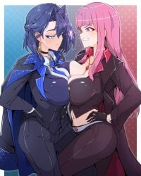 2girls angry black_choker black_gloves blazer blue_eyeliner blue_eyes blue_hair blue_necktie breast_press breasts choker cleavage clenched_teeth closed_mouth collared_shirt earrings face-to-face female_only gloves hair_intakes hands_on_own_hips highres hololive hololive_english hololive_english_-council- hololive_english_-promise- hololive_myth jacket jewelry large_breasts leg_between_thighs light_trail lightning_glare long_hair looking_at_another moral_cacoethes mori_calliope multiple_girls navel necklace necktie ouro_kronii pants pink_eyes pink_hair shirt short_hair smug stomach symmetrical_docking teeth trench_coat very_long_hair virtual_youtuber