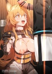 +_+ absurdres animal_ears arknights bar_censor breasts breasts_out censored ceobe_(arknights) doctor_(arknights) dodok dodok_(gj77230) dog_ears dog_girl dog_tail erection female gloves highres large_breasts long_hair long_sleeves mosaic_censoring oerba_yun_fang open_mouth orange_eyes orange_hair patreon_username penis penis_awe solo_focus straight tail white_gloves