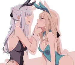 2girls absurdres ak-12_(girls'_frontline) alternate_costume an-94_(girls'_frontline) animal_ears aqua_eyes aqua_leotard artist_request black_leotard blonde_hair blush braid breasts cleavage closed_eyes fake_animal_ears feet_out_of_frame french_braid girls'_frontline highres kavni leotard long_hair looking_at_another medium_breasts multiple_girls open_mouth playboy_bunny ponytail rabbit_ears rabbit_tail saliva_swap sidelocks simple_background small_breasts tail tongue tongue_out upper_body white_hair white_wrist_cuffs wrist_cuffs yuri