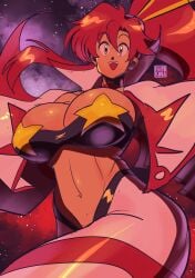 1girls artist_name breasts cleavage collarbone galaxy gloves hardkoba highres huge_breasts huge_breasts long_hair midriff navel ponytail_(hair) red_hair smile solo space space_yoko stomach tengen_toppa_gurren_lagann thick_thighs very_long_hair yellow_eyes yoko_littner