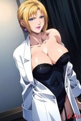 ai_generated barely_clothed bible_black big_breasts blonde_hair blue_eyes breasts cjin coat earrings female female_only huge_breasts jewelry kitami_reika labcoat leotard lingerie lipstick looking_at_viewer makeup mature mature_female milf nai_diffusion revealing_clothes short_hair smile solo solo_focus stable_diffusion teacher voluptuous