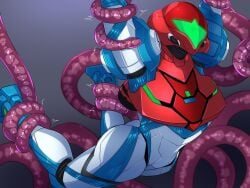 1girls armor armored_samus bound_arms bound_legs captured captured_heroine defeat defeated defeated_heroine female fully_clothed hung_up metroid metroid_dread power_armor power_suit restrained restrained_by_tentacles samus_aran shiva_(tairakuten) tentacle tentacle_monster tentacle_suspension