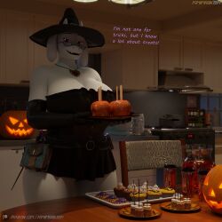 3d anthro blender blender_(software) cabinet cabinets caramel_apple color cupcake detailed detailed_background dialogue english english_dialogue english_text food glasses goat goat_ears goat_girl goat_humanoid halloween halloween_costume halloween_decoration halloween_pumpkin heart_necklace horn horns jack_o'_lantern kitchen large_breasts large_thighs marshmallow milf oven patreon_username pumpkin red_eyes snack stove table tall tall_female tall_girl text toriel treat undertale undertale_(series) wand watermark white_fur witch_costume witch_hat yamimarik1994