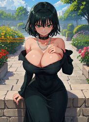 ai_generated bare_shoulders big_breasts cleavage dark_hair dress green_eyes hand_on_breast hi_res jewelry mabi_ai off_shoulder seductive seductive_look seductive_smile sitting skin_tight thick_thighs wide_hips