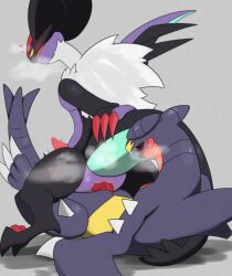 <3_eyes 2_toes 3_fingers 3_toes absurd_res amedama12321 anal anal_sex anthro anthro_on_anthro black_body blush breath_cloud claws countershading duo feet fin fingers fur garchomp generation_4_pokemon generation_6_pokemon genitals grey_background grey_body heart hi_res looking_pleasured lying male male/male male_on_bottom male_on_top male_penetrated male_penetrating male_penetrating_male nintendo noivern on_back on_bottom on_top open_mouth penetration penis pokemon pokemon_(species) purple_body purple_countershading red_claws red_penis reverse_cowgirl_position sex simple_background spikes spikes_(anatomy) tail tail_fin tapering_penis toes tongue tongue_out white_body white_claws white_fur