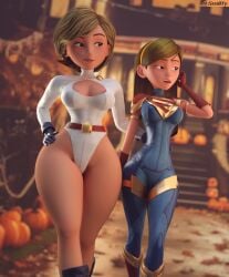 2girls 3d 3d_(artwork) blender_(software) blonde_hair body_suit clothed cosplay costume crossover dc dcau disney dyed_hair female female_only halloween halloween_2023 halloween_costume halloween_decoration helen_parr leotard milf mother_and_daughter no_bra no_underwear pixar power_girl_(cosplay) pumpkin sideass smitty34 supergirl_(cosplay) superhero superheroine the_incredibles thick_thighs violet_parr voluptuous_female wide_hips