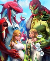 2boys 2girls absurd_res absurdres athletic athletic_female bangs belly big_belly blonde_hair blue_eyes breath_of_the_wild clothed clothed_female clothing couple dialogue dress english english_dialogue english_text female fit fit_female ganon ganondorf ganondorf_(tears_of_the_kingdom) genderbend genderswap_(mtf) hair_over_one_eye hand_on_another's_arm hand_on_arm hand_on_belly hand_on_own_belly height_difference high_resolution highres huge_belly humanoid hylian hylian_ears interspecies interspecies_pregnancy large_belly larger_male light_skinned_female link link_(breath_of_the_wild) link_(tears_of_the_kingdom) long_hair male muscular muscular_arms muscular_male nintendo outdoors outside pale_skin pointy_ears pregnancy pregnant pregnant_belly pregnant_female princess_zelda red_hair romantic_couple round_belly rule_63 sakimichan short_hair shorter_female shy shy_expression sidon_(zelda) size_difference slim_girl slim_waist smaller_female smile smiling taller_male tears_of_the_kingdom text the_legend_of_zelda very_high_resolution white_clothes white_clothing white_dress wholesome yellow_eyes zelda_(breath_of_the_wild) zelda_(tears_of_the_kingdom) zora