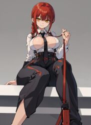 1girls ai_generated big_breasts braided_hair braided_ponytail chainsaw_man cleavage collared_shirt from_below hi_res large_breasts leash leashed_pov mabi_ai makima_(chainsaw_man) necktie necktie_between_breasts open_shirt ponytail pov red_hair shirt thick_thighs wide_hips yellow_eyes