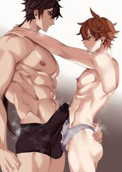 2boys ass_grab brown_hair childe_(genshin_impact) erect_nipples erection gay gay_sex genshin_impact ginger ginger_hair girly hard_nipples hard_penis heart-shaped_pupils male male_only penis penis_size_difference size_difference size_queen sushisalmon95 tartaglia_(genshin_impact) zhongli_(genshin_impact)