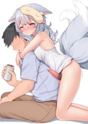 1boy 1futa absurdres animal_ears animal_genitalia animal_penis black_hair blue_shirt blush bottomless breasts brown_pants can closed_mouth clothed clothing erection fox_ears fox_girl fox_tail fully_clothed futa_with_male futanari grey_hair highres holding holding_can hug hug_from_behind human humanoid kemonomimi kneeling knot knotted_penis light-skinned_female light-skinned_futanari light_skin long_hair male mole mole_under_eye multiple_tails nijisanji nijisanji_en nina_kosaka one_eye_closed pants partially_clothed penis precum red_eyes shirt short_sleeves sitting sleep_mask sleepypudding small_penis solo_focus tail uncensored virtual_youtuber white_shirt