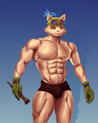 1boy 2022 abs anthro belly_button big_muscles blue_background bulge closed_eyes clothed clothing dingo_dongo eyewear furry gloves goggles green_clothing green_gloves green_handwear green_hat green_headwear handwear hat headgear headwear hi_res league_of_legends male male_only muscular muscular_anthro muscular_male navel pecs riot_games simple_background smile solo standing teemo topless yordle