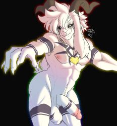 anthro asriel_dreemurr asriel_dreemurr_(god_form) balls bangs big_balls big_penis black_sclera boss_monster bovid caprine eyeshadow fur genitals goat hi_res horn kozacasa long_ears makeup male male_only mammal markings muscular muscular_male penis solo undertale undertale_(series) white_body white_fur