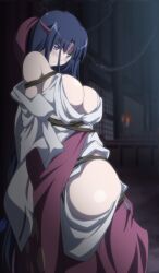 blue_eyes dark_blue_hair headband huge_breasts pale_skin queen's_blade shrine_maiden tagme tied_up tomoe_(queen's_blade) white_clothing