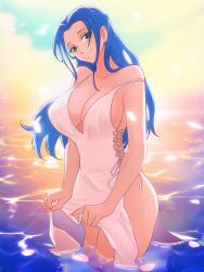 1girls 2d blue_eyes blue_hair dress dress_lift female female_focus female_only light-skinned_female light_skin nefertari_vivi one_piece opalisart pale-skinned_female pale_skin solo solo_female solo_focus tagme thighs water white_dress