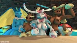 3d_(artwork) anthro anthro_only areola black_nose black_sclera blue_areola blue_body blue_nipples blue_sclera blue_skin breasts brown_areola brown_body brown_fur brown_nipples cxlsfm digital_media_(artwork) eeveelution eyebrows female fur furry game_freak generation_1_pokemon generation_4_pokemon generation_6_pokemon gesture hi_res hybrid lagomorph leporid lopunny mammal mega_evolution mega_lopunny nintendo nipples pink_areola pink_nipples pokémon pokémon_(species) pokeball pokemon pokemon_(species) pokemon_dppt pokemon_xy psyduck rabbit red_eyes ribbons source_filmmaker spikes sylveon sylvunny_(pervertguy341) tail v_sign vaporeon vaporunny water white_body white_eyes white_fur