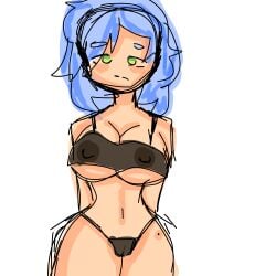 ass bikini blue_hair bored female female_only fuckno green_eyes huge_breasts pussy seethrough_clothing shitpost shittingtears vagina